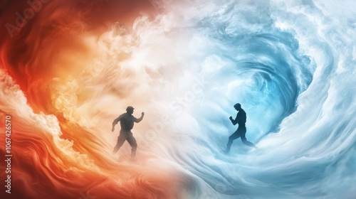 Two figures navigate the elemental forces of fire and ice in a dynamic visual journey