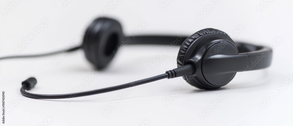 A pair of black headphones with a microphone, designed for communication and audio. A pair of black headphones with a microphone, designed for communication and audio.