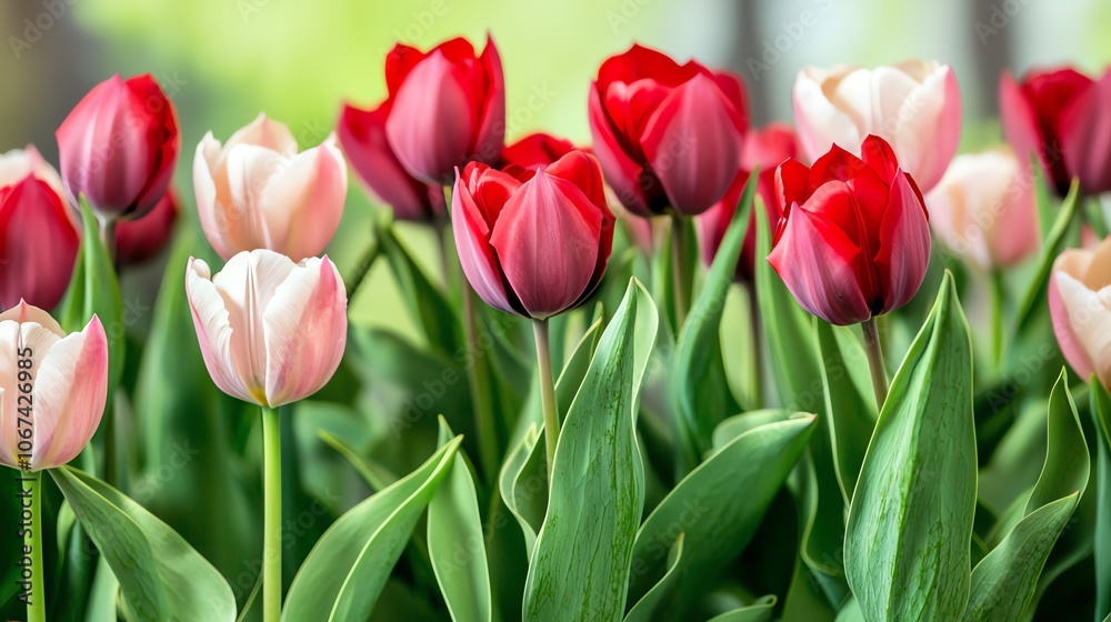 A vibrant display of red and pink tulips surrounded by lush green leaves, perfectly showcasing spring's beauty. A vibrant display of red and pink tulips surrounded by lush green leaves, perfectly showcasing spring's beauty.