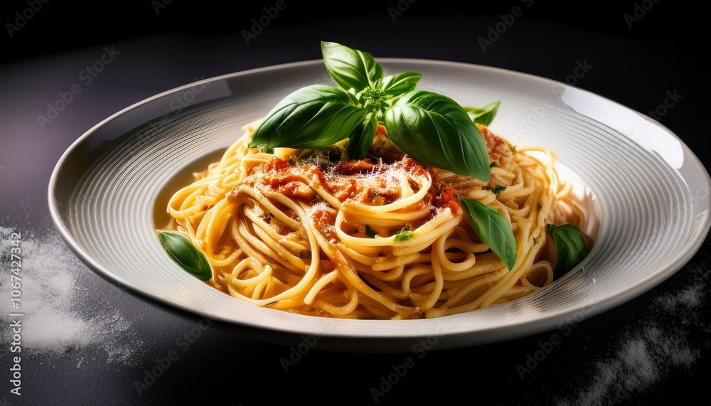 a plate of pasta with sauce and basil a plate of pasta with sauce and basil