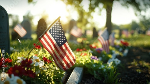 Honor the fallen a tribute to sacrifice with american flags at resting places surrounded by nature's beauty