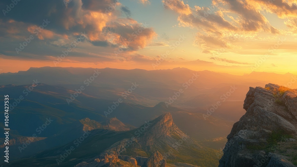 Fototapeta premium A breathtaking sunset view over mountains with dramatic clouds and distant valleys.