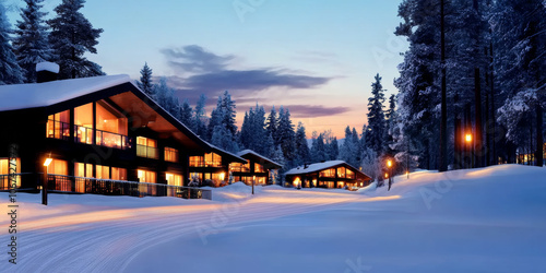 Cozy cabins nestled in a snowy forest with warm lights glowing at dusk.