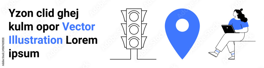Traffic light with three signals, blue map pin, and woman sitting with laptop. Ideal for navigation, education, urban planning, technology, connectivity, online learning, information dissemination Traffic light with three signals, blue map pin, and woman sitting with laptop. Ideal for navigation, education, urban planning, technology, connectivity, online learning, information dissemination