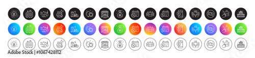 Electric bike, Puzzle and Fireworks explosion line icons. Round icon gradient buttons. Pack of Discounts calendar, Balloon dart, Baggage icon. Weather phone, Stop fishing, Gift shop pictogram. Vector