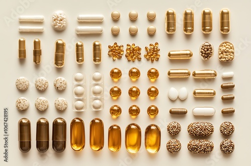 Various vitamins and supplements in capsules, tablets, and soft gels, arranged on a white surface. photo