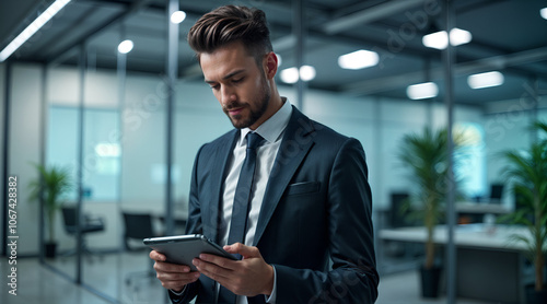 Man in suit looking at bokeh office tablet