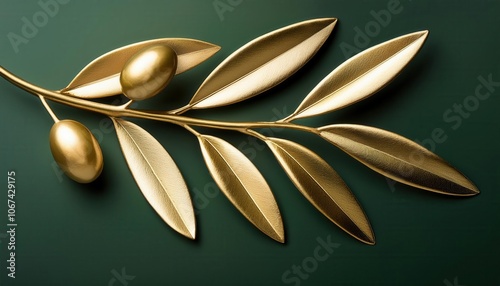 Elegant Gold Olive Branch on Deep Green Background. Luxurious Botanical Concept Art for Branding, Packaging, and High End Product Design, Emphasizing Wealth, Growth, and Prosperity photo