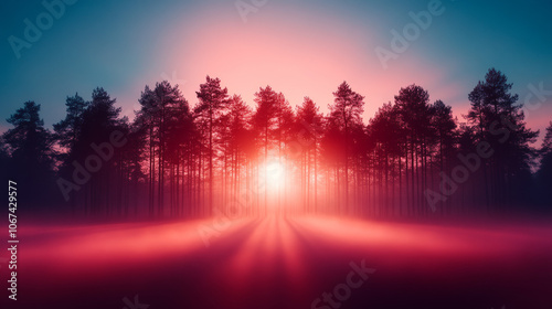 A row of pine trees silhouetted against a vibrant red sunrise.