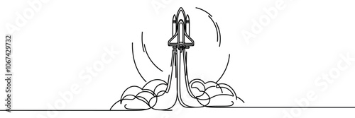 One continuous line drawing of Rocket space ship launch.