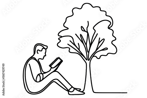 Continuous one line drawing of man sitting and reading book under tree