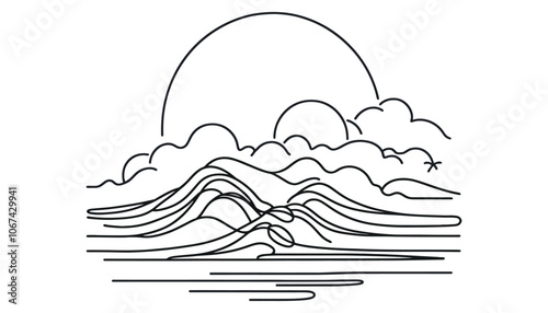 Sunset on the horizon mountain range, sun flat landscape drawn background in one line