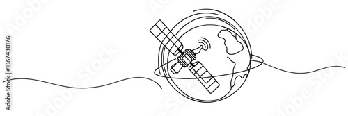One continuous line drawing of the earth with a satellite