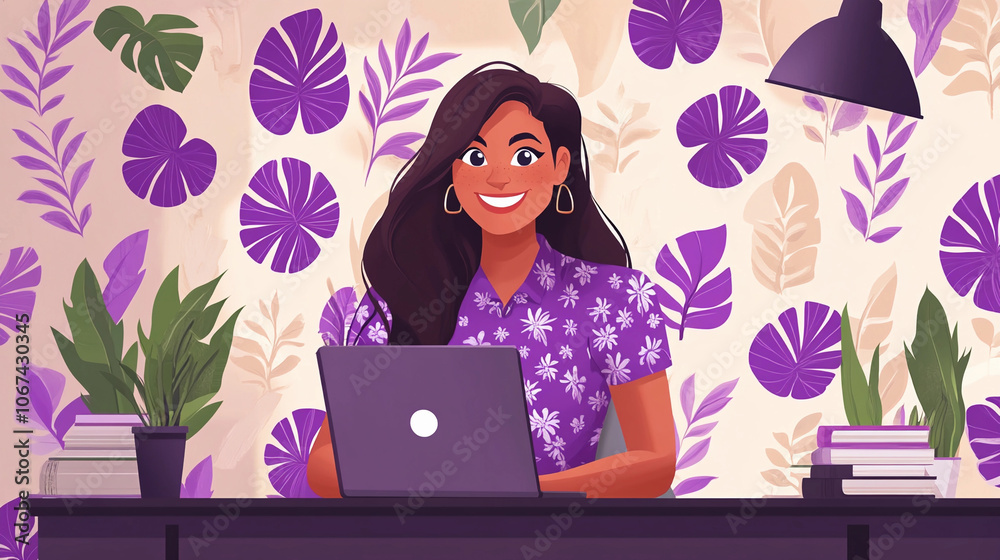 A smiling woman working on a laptop at a vibrant desk in a tropical-themed workspace A smiling woman working on a laptop at a vibrant desk in a tropical-themed workspace