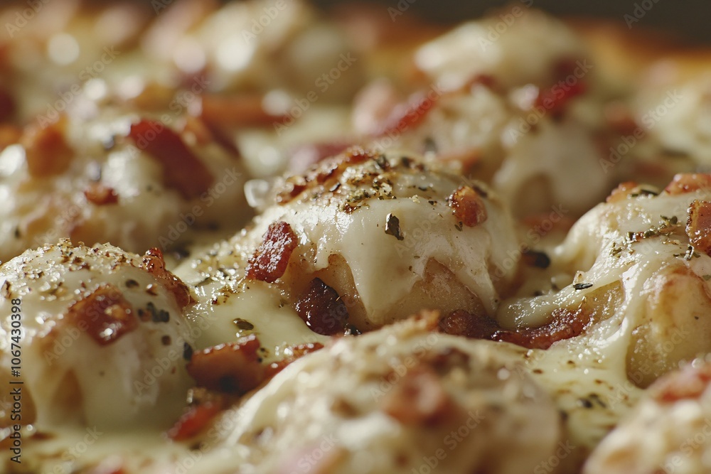 Close-Up of a Delicious Pizza with Melted Cheese and Crispy Bacon Bits - A Culinary Masterpiece Close-Up of a Delicious Pizza with Melted Cheese and Crispy Bacon Bits - A Culinary Masterpiece