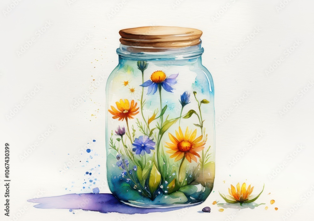 Watercolor jars filled with blooming wildflowers, showcasing vibrant natural beauty and delicate botanical arrangements Watercolor jars filled with blooming wildflowers, showcasing vibrant natural beauty and delicate botanical arrangements