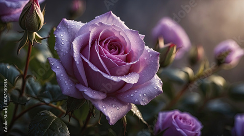 A close up detail of a dewy various rose showcasing its intricate petals and natural beauty