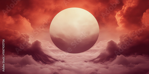 A large, white orb hovers above a field of soft, pink clouds.