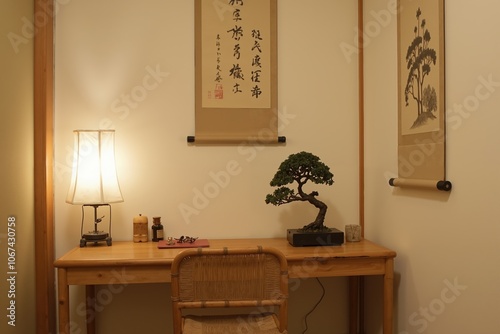 Zen-inspired japanese study space with bonsai tree and traditional scrolls for tranquil home decor. photo