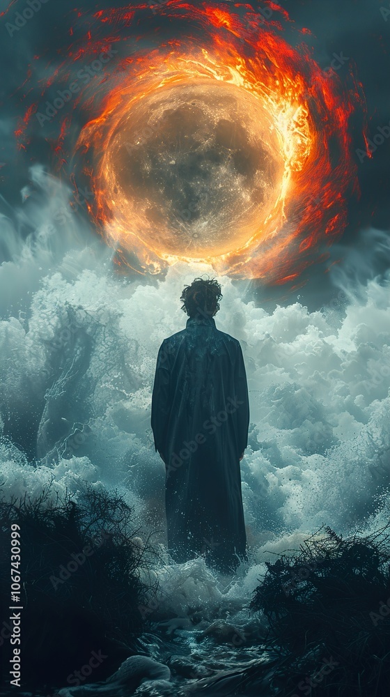Obraz premium Surreal Dreamscape: A Man Stands Before a Burning Moon and Stormy Sea