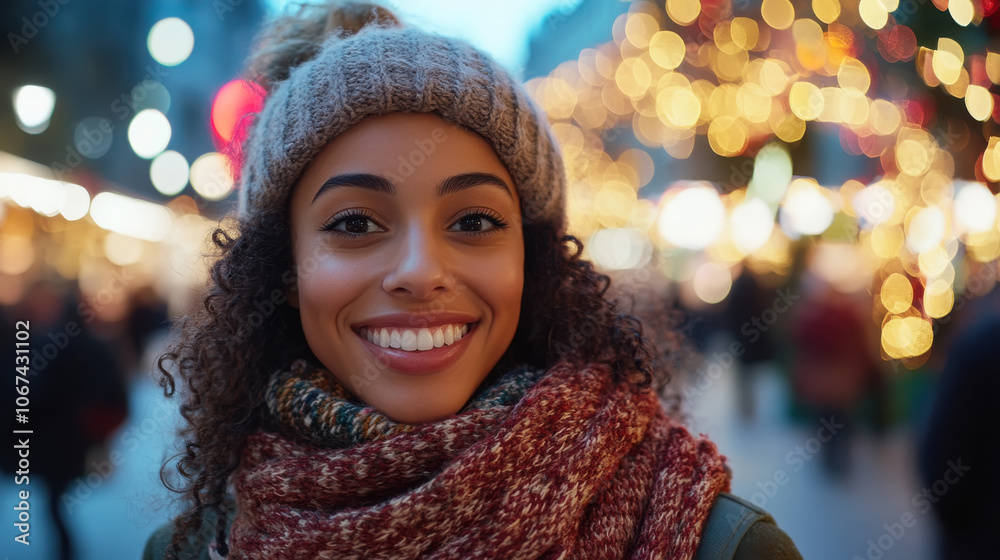 Warm smile in festive urban winter setting - perfect for holiday campaigns Warm smile in festive urban winter setting - perfect for holiday campaigns