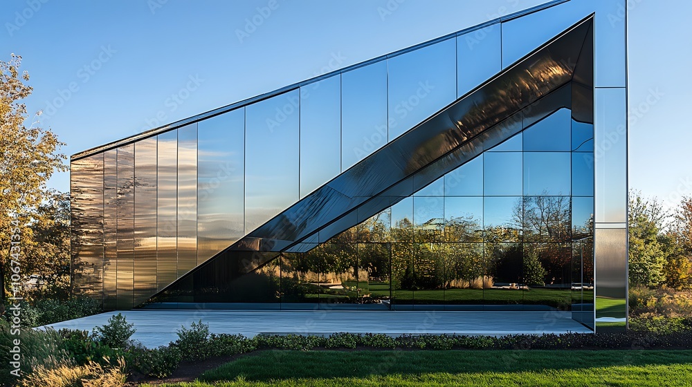 Obraz premium Sleek New Home with Reflective Surfaces and Sharp Angles