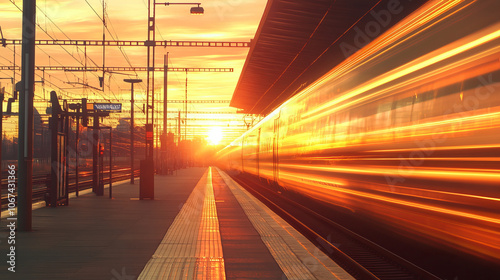 A high-speed orange passenger train glides past the railway station platform at sunset, captured with a blurred motion effect to emphasize its rapid movement.