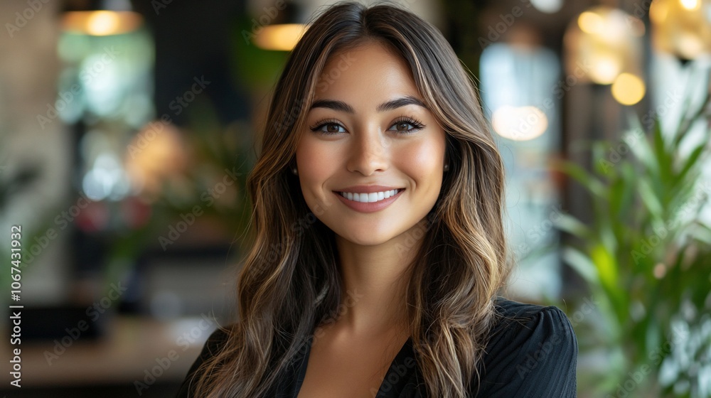Portrait of a smiling woman with long brown hair and a black shirt. Portrait of a smiling woman with long brown hair and a black shirt.