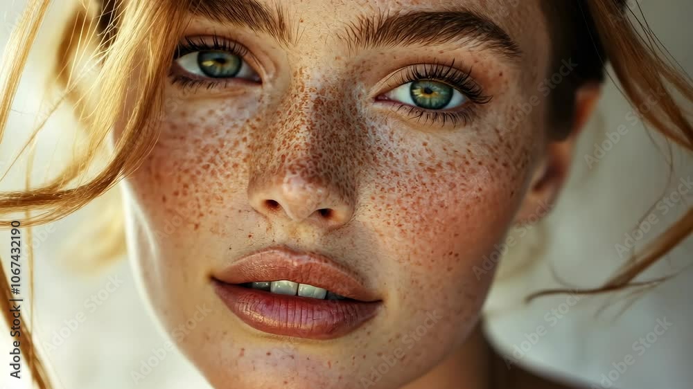 A close-up portrait of a woman with freckles and green eyes, looking directly at the camera A close-up portrait of a woman with freckles and green eyes, looking directly at the camera