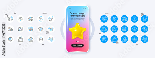Home moving, Car service and Confirmed flight line icons. Phone mockup with 3d star icon. Pack of Get box, Journey, Parking icon. Fuel price, Inventory cart, Route pictogram. Vector