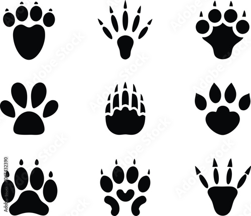 Set of 9 Different footprints of animals, animals footprints icon vector illustration