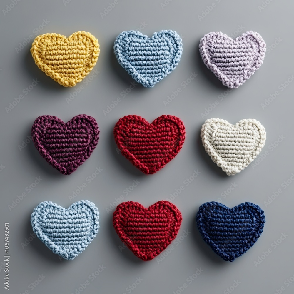 Set of Colorful Crocheted Hearts on Gray Background Set of Colorful Crocheted Hearts on Gray Background