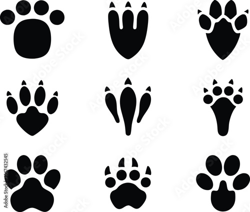 Set of 9 Different footprints of animals, animals footprints icon vector illustration