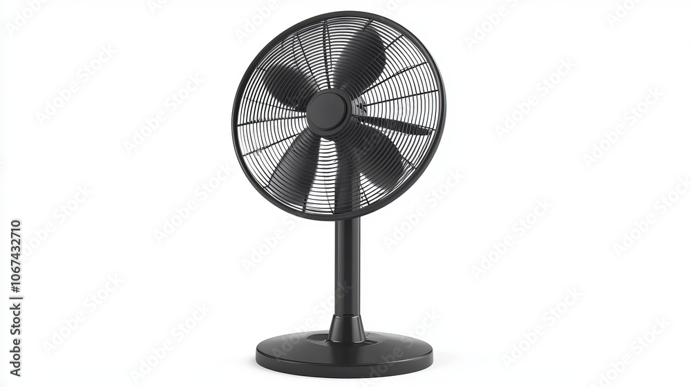A black stand fan, a floor ventilator, isolated on a white background. This air-cooling device, equipped with rotating blades, functions as a household appliance to provide airflow A black stand fan, a floor ventilator, isolated on a white background. This air-cooling device, equipped with rotating blades, functions as a household appliance to provide airflow