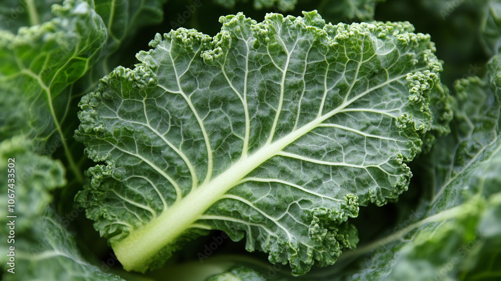 Fresh kale leaf nestled among dark green foliage in a vibrant garden setting Fresh kale leaf nestled among dark green foliage in a vibrant garden setting