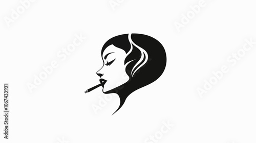 Black and white illustration of a smoker. Girl with a cigarette. Bad habit. Addiction.