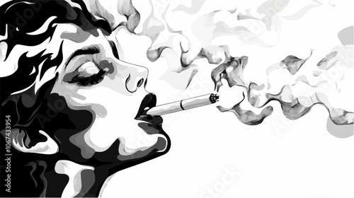 Black and white illustration of a smoker. Girl with a cigarette. Bad habit. Addiction.