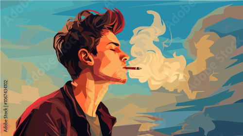 Illustration of a smoker. A guy with a cigarette. Bad habit. Addiction.