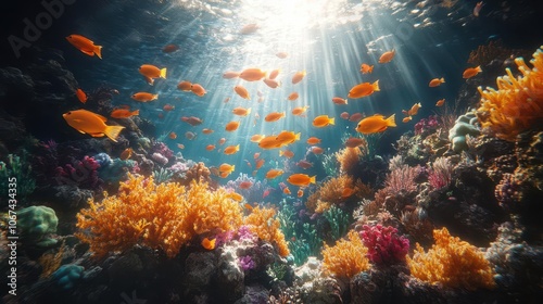 underwater scene bursting with vibrant coral reefs teeming with colorful fish showcasing the beauty and diversity of marine life illuminated by sunlight filtering through the water