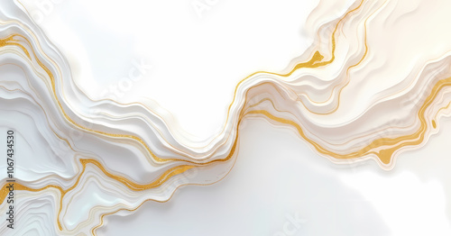 A fluid abstract image featuring white and cream layers with golden accents, resembling natural stone or marble veins, creating an elegant and calming visual flow.