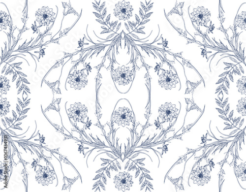 Seamless flower pattern, blue and white floral pattern with intricate designs, resembling porcelain or fabric prints