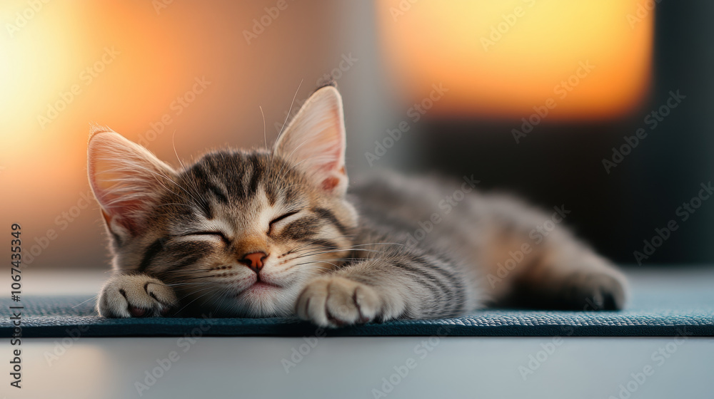 Sleeping cat on yoga mat, basking in morning light, peaceful wellness Sleeping cat on yoga mat, basking in morning light, peaceful wellness