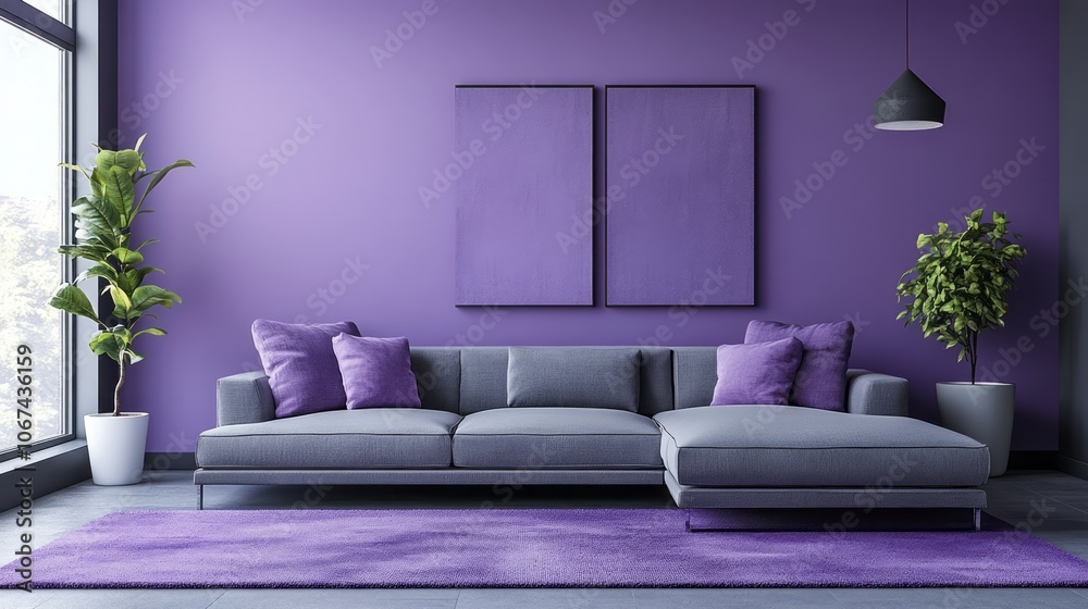 Modern Living Room with Purple Walls, Grey Sectional Sofa, and Purple Rug Modern Living Room with Purple Walls, Grey Sectional Sofa, and Purple Rug