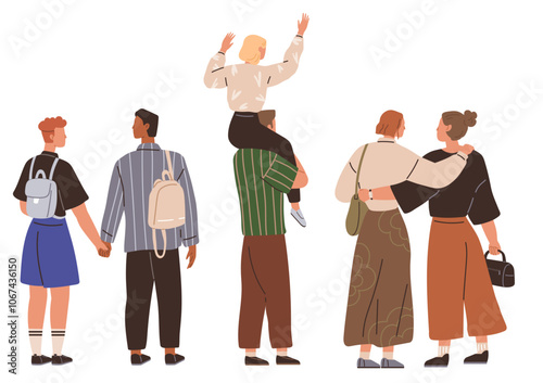 A group of diverse individuals stands together in a relaxed manner, engaging in friendly interactions. Ideal for social connections, diversity, friendship, community, and casual gatherings. Flat