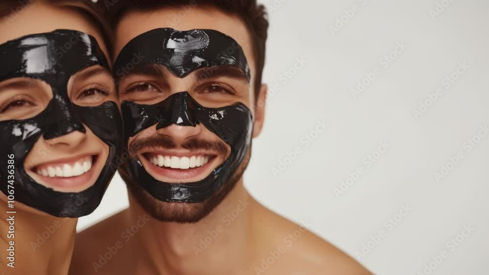Young man and woman are smiling while wearing purifying black face masks, enjoying a relaxing spa treatment for face and body care Young man and woman are smiling while wearing purifying black face masks, enjoying a relaxing spa treatment for face and body care