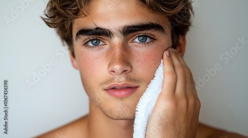 Young Man with Towel Skincare Routine Clean Face Closeup Portrait photo