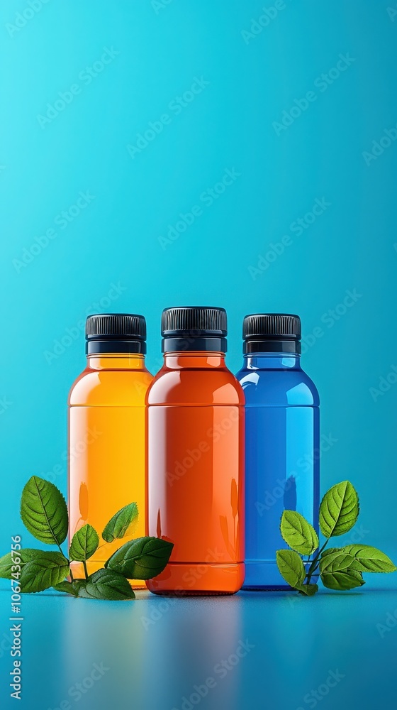 Three colorful bottles on blue background. Three colorful bottles on blue background.