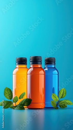 Three colorful bottles on blue background.