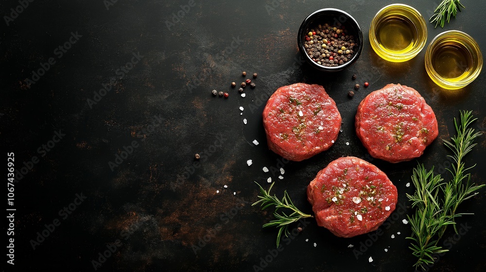 fresh minced meat and herbs with spices on a dark background. cooking background. fresh minced meat and herbs with spices on a dark background. cooking background.