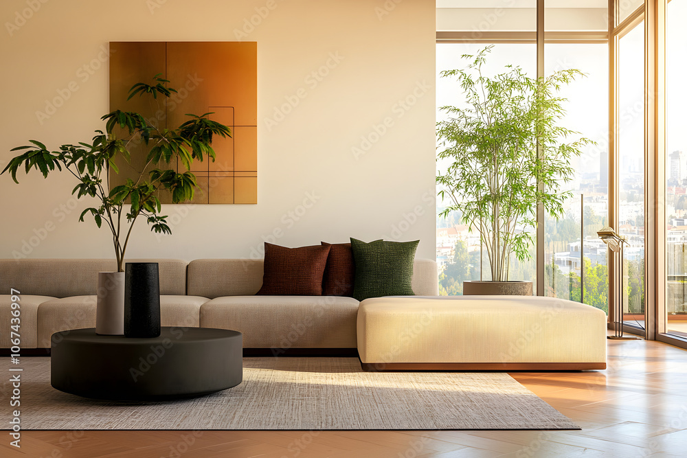 Stylish modern living room. A spacious sofa and minimalist decor in earthy tones create a warm and inviting living area, perfect for relaxation. Stylish modern living room. A spacious sofa and minimalist decor in earthy tones create a warm and inviting living area, perfect for relaxation.